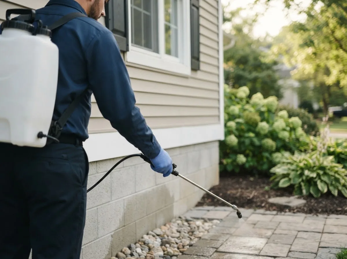 Pest control technician inspecting a home in Troy, ME